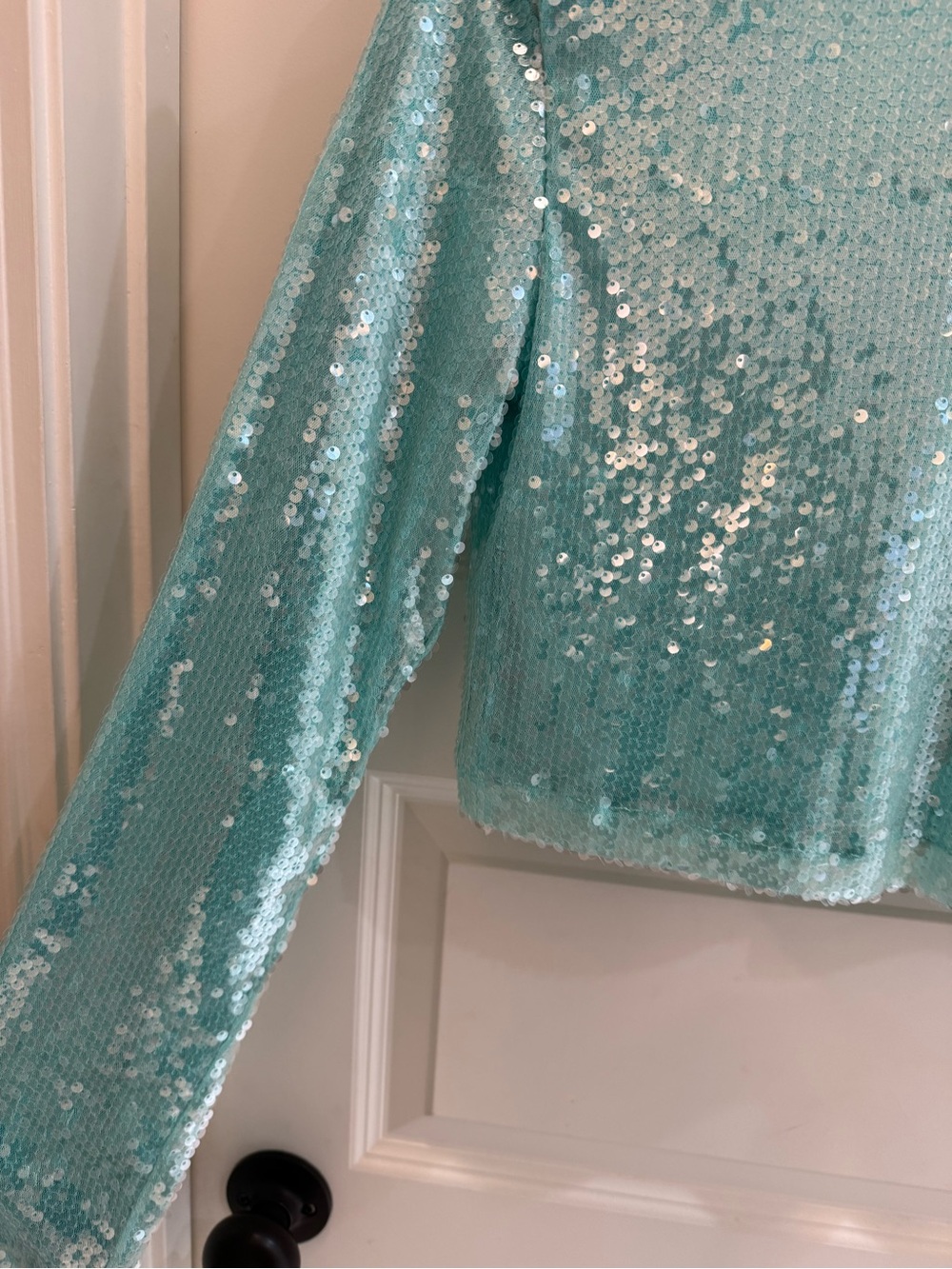 NWT MABLE Mint Long Sleeve Sequin Crop Top with Shoulder Pads Size S - Picture 3 of 4